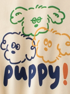 Kids beige cotton T-shirt featuring three colorful cartoon puppies and PUPPY text print