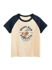 T-Shirt Fille Manches Courtes Pur Coton Raglan Casual Dessin Animé Garçon Imprimé Été Col Rond Enfant