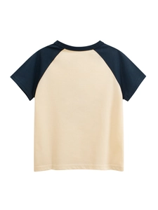 T-shirt raglan à manches courtes pour enfants en coton crème et bleu marine vue de dos