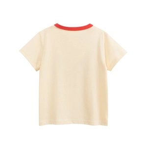 Detail of girls cotton T-shirt with ringer neckline and yellow fabric texture