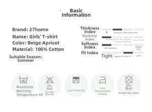 Detailed size chart for kids cotton t-shirt with 100% cotton fabric and washing guide