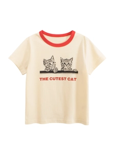 Girls Casual Cotton Short Sleeve T-Shirt With Contrast Round Neck Cute Cartoon Cat Letter Print Summer Top For Kids