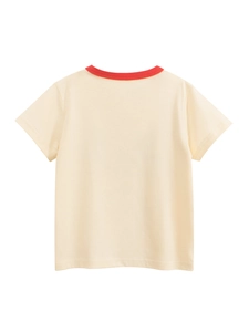 Kids cream cotton t-shirt with red contrast crew neck collar shown in a flat lay back view