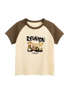 T-Shirt Enfants Manches Courtes Raglan Coton Bloc de Couleur Ours Dessin Animé Col Rond Tops Décontractés Été