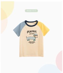 Detailed close-up of kids cartoon puppy print and contrasting raglan sleeves on t-shirt