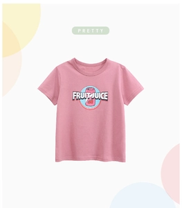 Detailed view of pink cotton t-shirt featuring cartoon strawberry fruit juice print