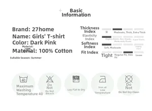 Detailed chart showing 100% cotton material and care instructions for girl's pink t-shirt