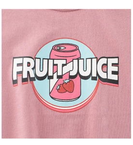 Close-up of pink cotton T-shirt featuring strawberry fruit juice graphic and knit texture