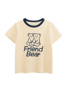 Girls Short Sleeve T-Shirt Pure Cotton Contrast Ringer Crew Neck Cartoon Bear Print Casual Summer Top