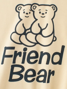 Kids summer cotton T-shirt featuring cute Friend Bear cartoon graphics on beige fabric