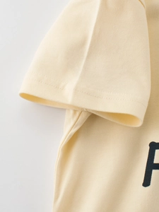 Short sleeve cotton t-shirt for kids in light beige with black letter print detail