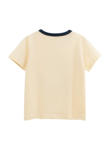 Kids short sleeve cotton T-shirt in pale yellow with dark blue crew neck collar trim