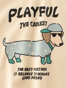 Short sleeve beige cotton T-shirt with a cool cartoon dachshund dog and slogan print