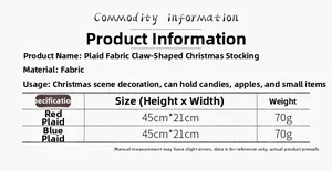 Size chart for plaid paw-shaped Christmas stockings showing 45x21cm dimensions and weight