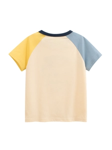 Kids cotton short sleeve T-shirt with colorful raglan sleeves and cartoon puppy pattern