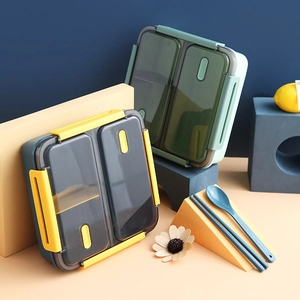 Modern partitioned lunch box set with utensils and airtight locking lids for students