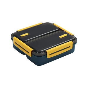 Square bento lunch box with compartments and yellow side buckles in dark blue finish