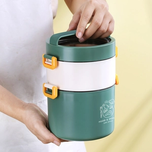 Dark green and beige multi-layer portable bento box with handle and secure side latches