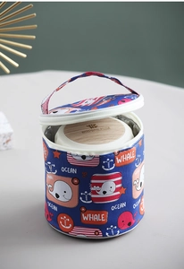 Detail view of cylindrical whale-patterned thermal bag with aluminum foil lining