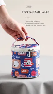 Close-up of durable reinforced handles on an insulated cartoon whale soup cup thermal bag