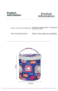 Detail view of round blue thermal bag with whale print, 13cm height and aluminum lining