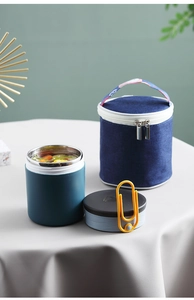Detail of insulated soup container with stainless steel lining and matching carry bag