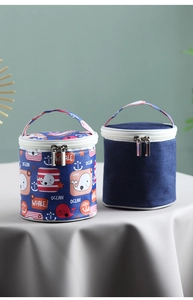 Insulated soup cup bag with whale print and navy oxford fabric with dual zippers