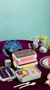 Stack of colorful layered stainless steel lunch boxes with built-in cutlery storage