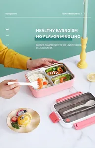 Three-compartment stainless steel bento box with pink outer shell and matching spoon