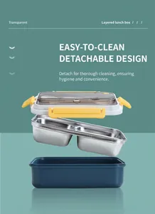 Exploded view of the 304 stainless steel lunch box showing multi-layer detachable design