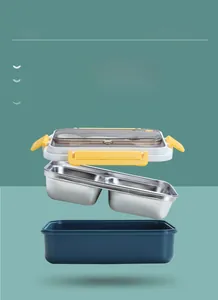 Exploded view of the 304 stainless steel lunch box showing multi-layer detachable design
