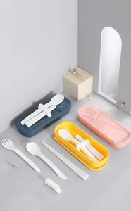 Detail of portable cutlery set with fork, spoon and knife in organized travel storage box