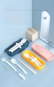 Detail of portable cutlery set with fork, spoon and knife in organized travel storage box