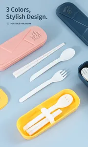 Overhead view of portable cutlery set with fork, spoon and knife in travel storage case