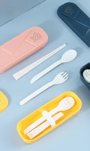 Overhead view of portable cutlery set with fork, spoon and knife in travel storage case