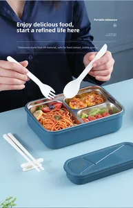 Detail of 3-compartment SUS304 stainless steel lunch box with blue shell and utensils