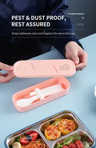 Detail view of SUS304 stainless steel lunch box with portable cutlery and pink storage case