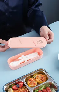 Detail view of SUS304 stainless steel lunch box with portable cutlery and pink storage case