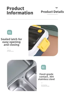 Detail of 304 stainless steel interior and durable yellow sealing buckle on bento box