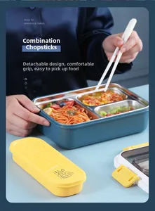 Detail of portable SUS304 stainless steel lunch box with detachable chopsticks in yellow case