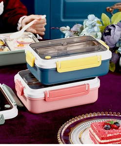 Close-up of stacked multi-layer insulated bento boxes with secure buckles and lids