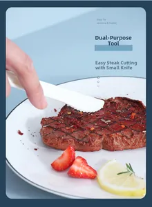 Close-up of white detachable multi-functional spoon and knife cutting a juicy steak