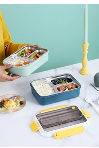 Detail of 304 stainless steel lunch box with multi-compartment interior and sealing lid