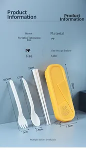 Detailed dimensions of portable plastic cutlery set with storage box and 3D measurements