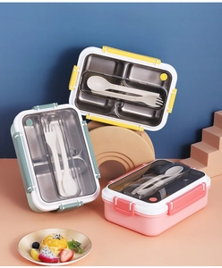 Detail view of the multi-compartment stainless steel lunch box with utensil storage lid