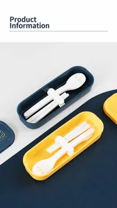 Detail view of portable cutlery set with fork, spoon, chopsticks and storage box
