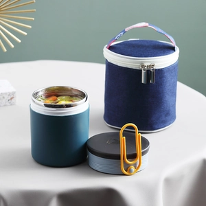 Dark blue stainless steel insulated food jar set with matching carrying bag and handle