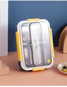 Detailed view of 304 stainless steel interior with multi-compartment lunch box design