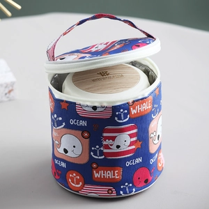 Insulated cylindrical soup cup bag with whale pattern and zip closure in blue