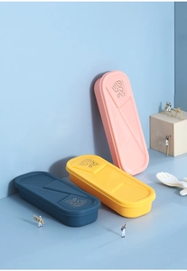 Detail of colorful plastic cutlery cases with embossed tableware logo and geometric texture